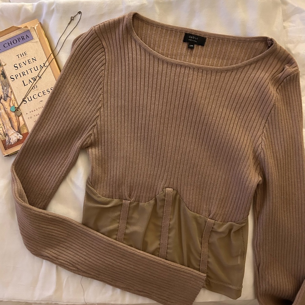 Brown, Long Sleeved, Crop Top